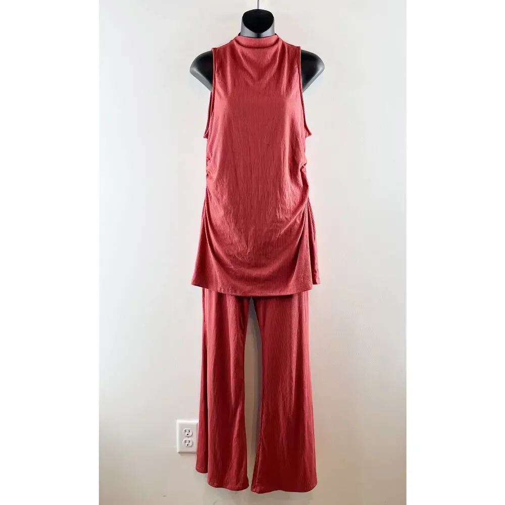 En Elly Anthropologie 2 Piece Ribbed High Neck Top & Flare Pants Red Medium - Picture 4 of 10